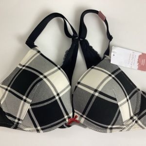 Cacique Nylon Boost Plunge Wire Bra Racerback Sizes 34A & 36A Plaid B&W NWT New